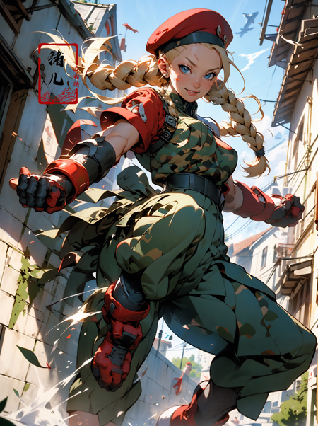 606247209521969425-2688574022-CAMMY，Epic CG masterpiece, from Capcom game Street Fighter, cammy, Cammy White (character name), red beret, camouflage face pain.jpg